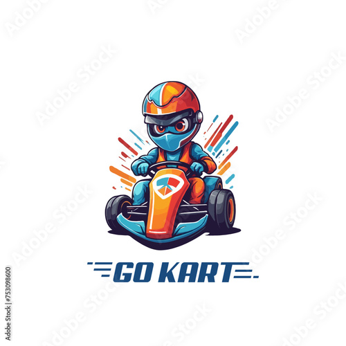 Karting Vector Mascot logo design template. Go Kart racing illustration in colorful design, good for event logo, t shirt design and racing team logo. cartoon fun racing logo illustration