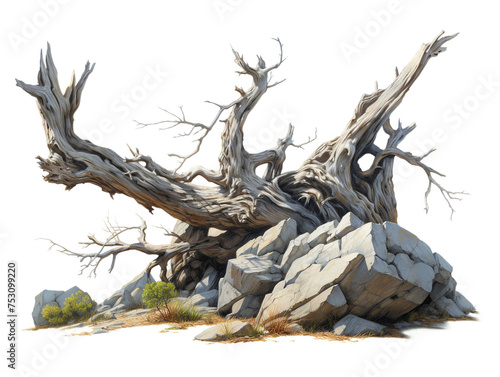 A dead tree that once grew between large rocks. Isolated on a white background.