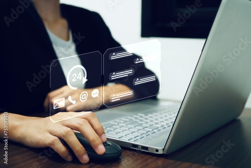Business woman chats online with Ai Chatbot to receive support from customer service and customer support center.