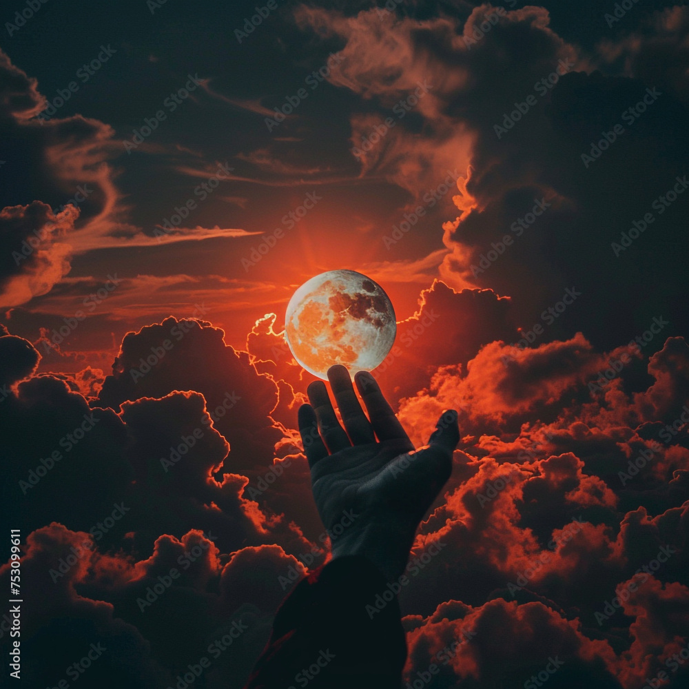  a man holding the moon in the sky
