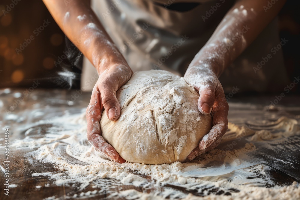 Hands kneading dough on a wooden surface with flour