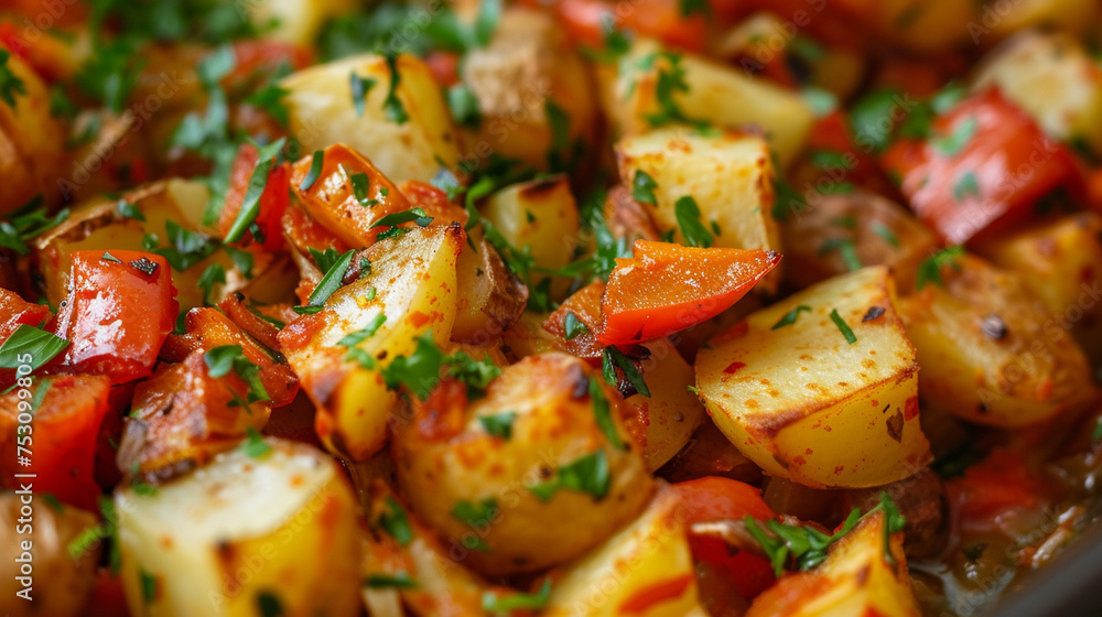 Spanish Cuisine, Patatas Bravas, extreme closeup, top view Spanish Cuisine, Patatas Bravas, extreme closeup, top view