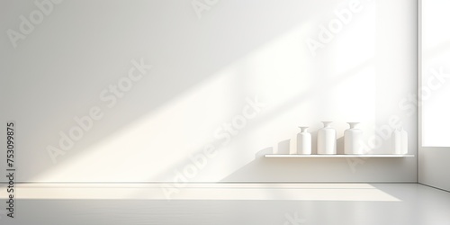 Empty studio room with white abstract background and window shadows, displaying product against blurred backdrop.