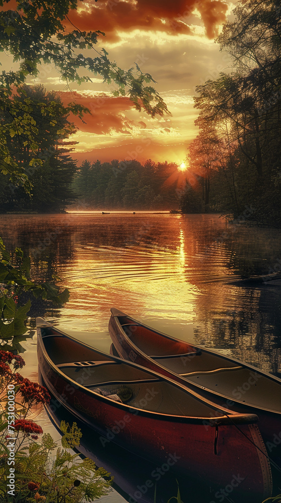 Canoes resting on tranquil waters at sunset, with a picturesque backdrop of trees and a warm sky.
