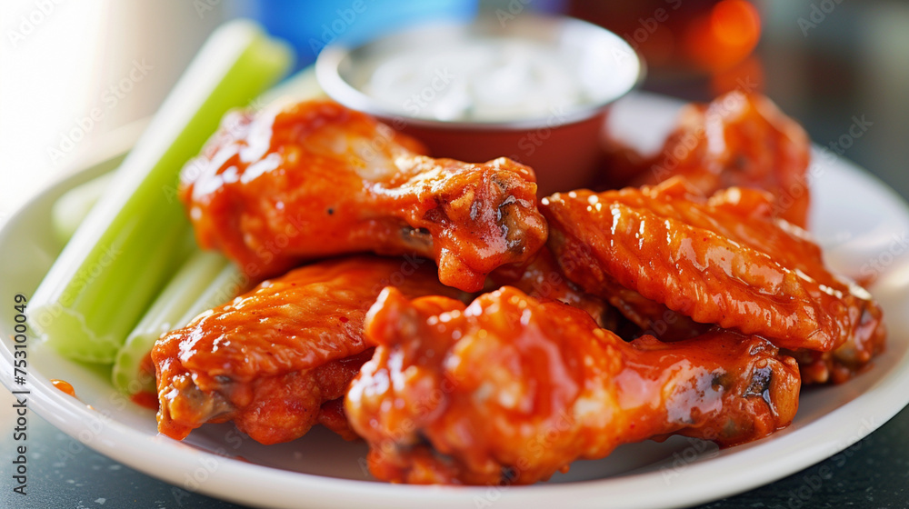 Spicy Buffalo Wings, deep-fried to perfection, generously coated in a zesty buffalo sauce, served alongside crisp celery sticks and creamy blue cheese dressing Spicy Buffalo Wings, deep-fried to perfection, generously coated in a zesty buffalo sauce, served alongside crisp celery sticks and creamy blue cheese dressing