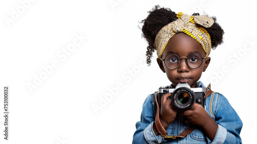 a studio portrait picture of little black girl dressed up as a Photographer isolated on white background photo