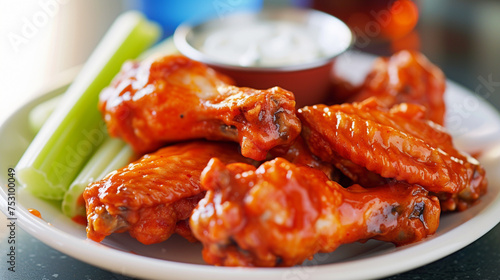 Spicy Buffalo Wings, deep-fried to perfection, generously coated in a zesty buffalo sauce, served alongside crisp celery sticks and creamy blue cheese dressing