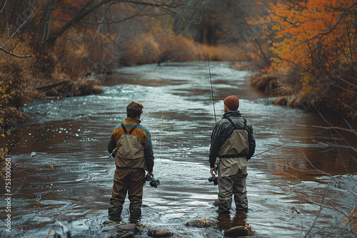 Two men fishing in a river during autumn, surrounded by trees with fall colors and a reflective water surface.