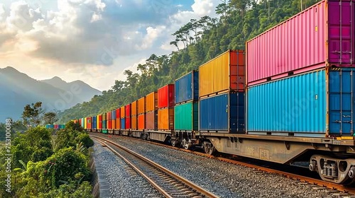 Freight train carrying sea containers moving on train tracks through a scenic forest landscape