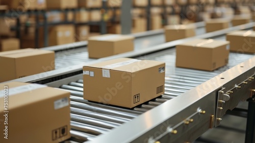 Cardboard boxes on conveyor belt line isolated on white grey background. Distribution warehouse. E-commerce, storage, delivery and packaging service concept. Close up. © Cheetose