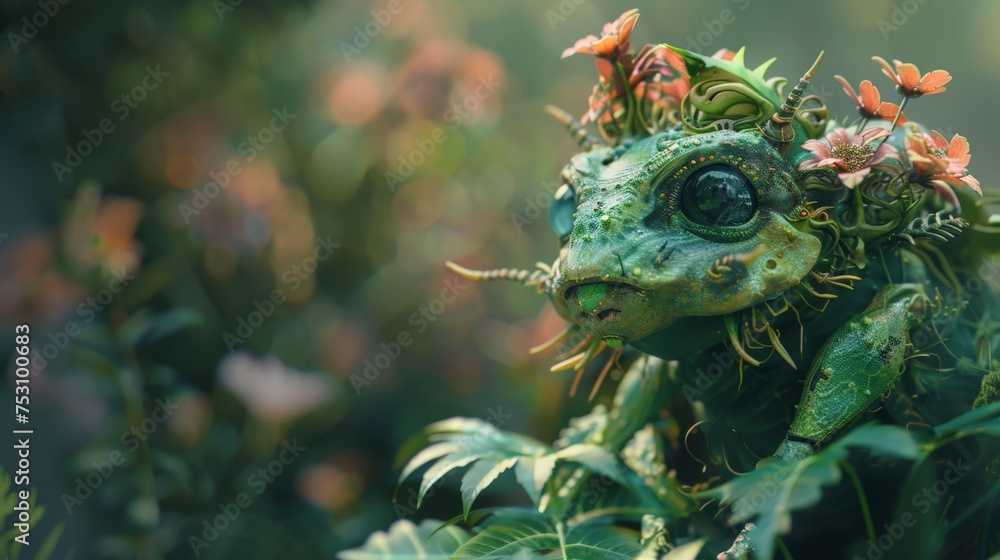 A surreal composition of a green frog adorned with flowers and plants, merging nature with fantasy A surreal composition of a green frog adorned with flowers and plants, merging nature with fantasy
