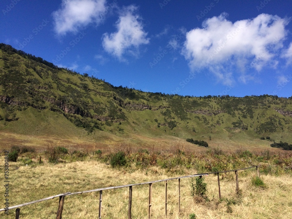 A landscape of hills with lush green savannah in the Bromo Tengger Semeru mountain range, Central Java, Indonesia.