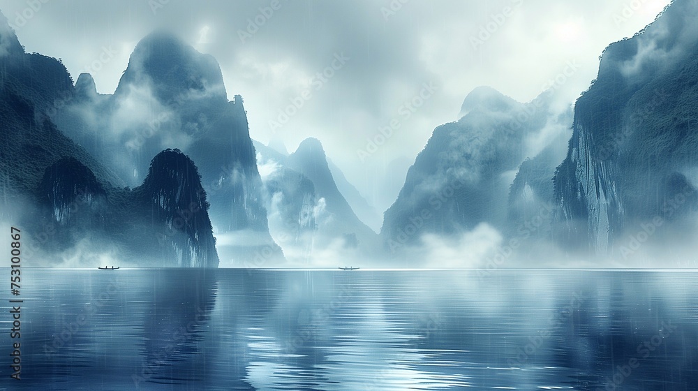 Traditional Chinese and Japanese style illustration with a river and mountains Traditional Chinese and Japanese style illustration with a river and mountains