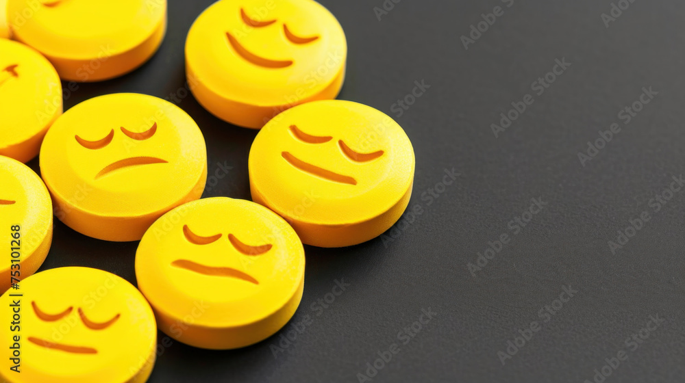 Yellow medicine pills with happy and sad emoticons - concept of drug adverse effects - obrazy, fototapety, plakaty 