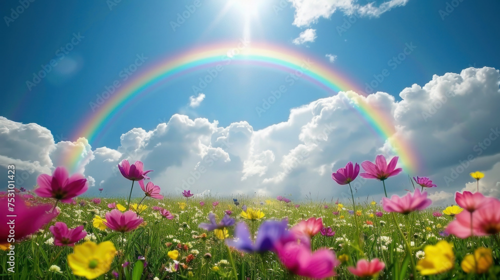 Full Rainbow Arc over Sunlit Flower Meadow at Sunrise Full Rainbow Arc over Sunlit Flower Meadow at Sunrise