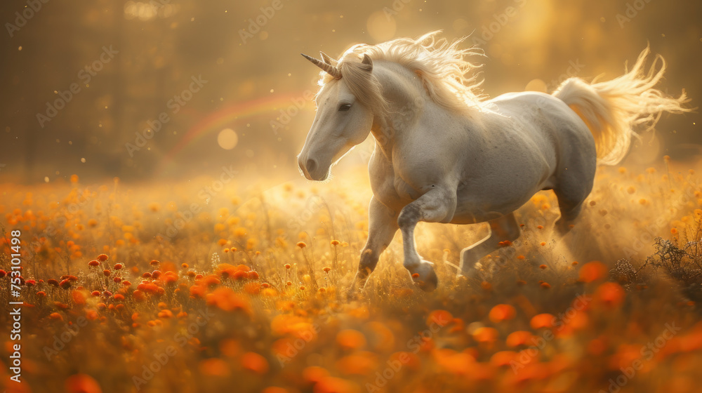 Magic unicorn in blossoming field, fairytale atmosphere Magic unicorn in blossoming field, fairytale atmosphere