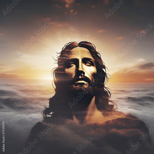 Jesus Christ silhouette with the sunset coast.