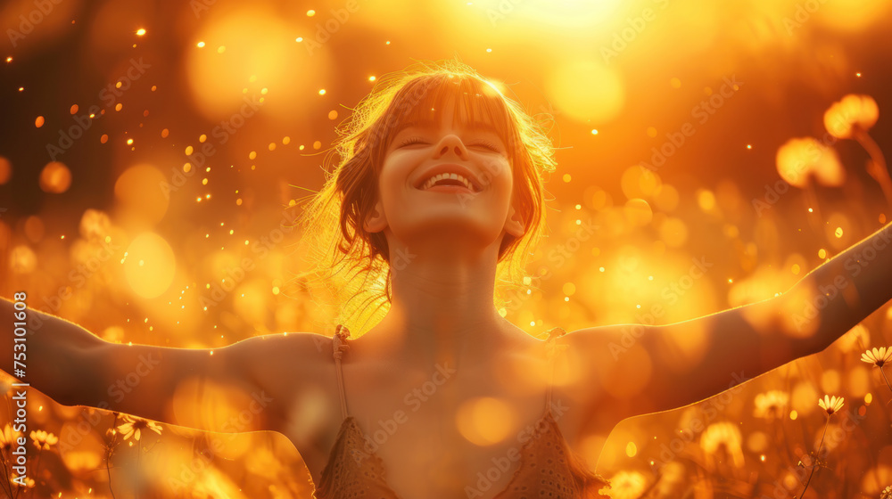 A happy young girl with arms wide open, smiling and soaking up the vibrant energy of a sun-drenched, golden meadow A happy young girl with arms wide open, smiling and soaking up the vibrant energy of a sun-drenched, golden meadow