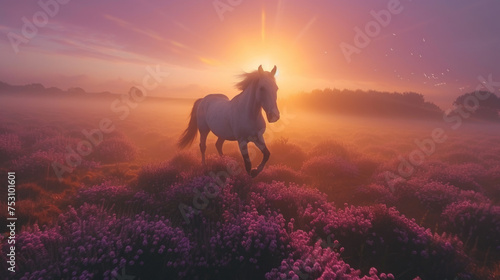 Beautiful horse running in summer field  sunrise light