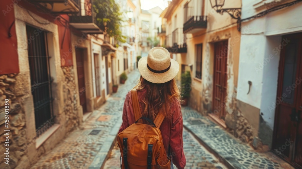 beautiful woman from behind with hat and a backpack traveling on a beautiful street in high resolution