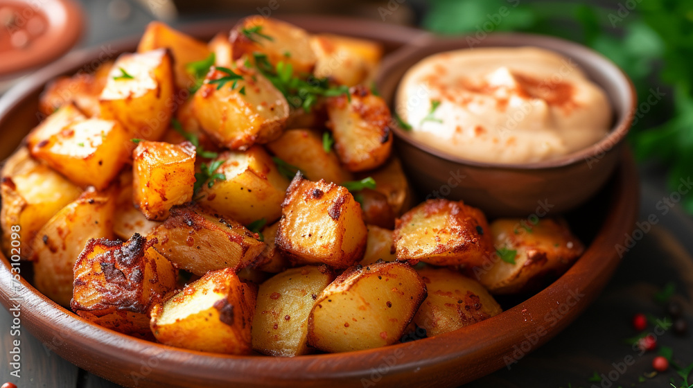 Patatas Bravas, crispy golden potatoes cut into bite-sized pieces, served with a bold, spicy tomato bravas sauce and a dollop of creamy aioli on the side. The dish is presented on a rustic plate, Patatas Bravas, crispy golden potatoes cut into bite-sized pieces, served with a bold, spicy tomato bravas sauce and a dollop of creamy aioli on the side. The dish is presented on a rustic plate,