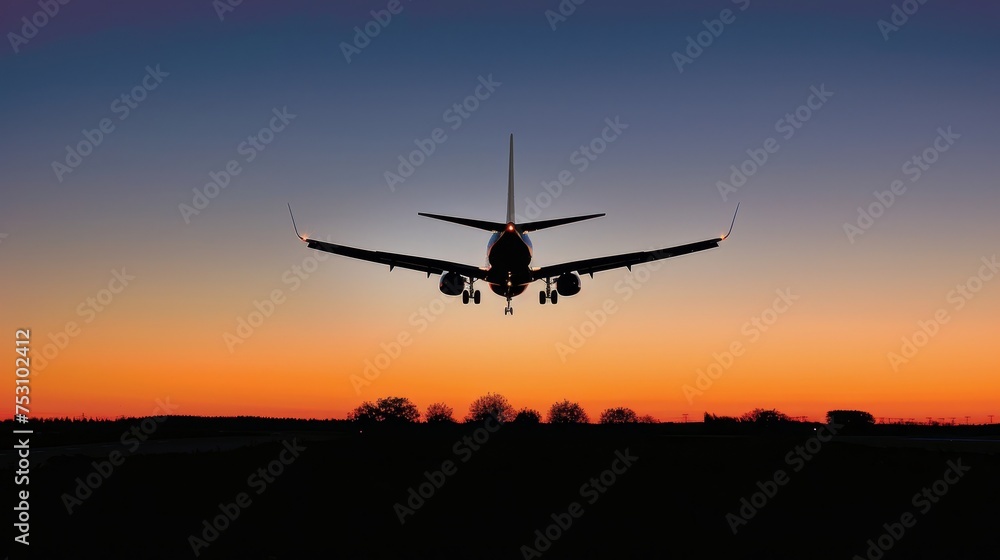 Panoramic view of a modern passenger airplane flying in the sunset sky, travel concept