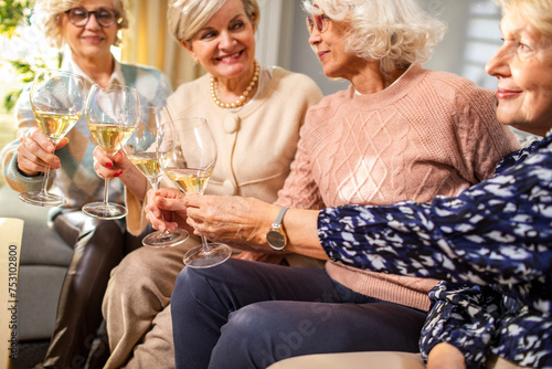 Group of senior women toasting with white wine glasses at home gathering photo