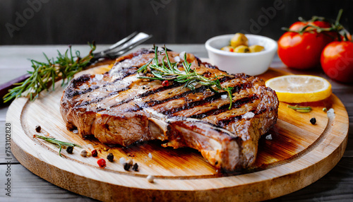 Grilled t-bone steak with rosemary and pepper on wooden board. Tasty food.