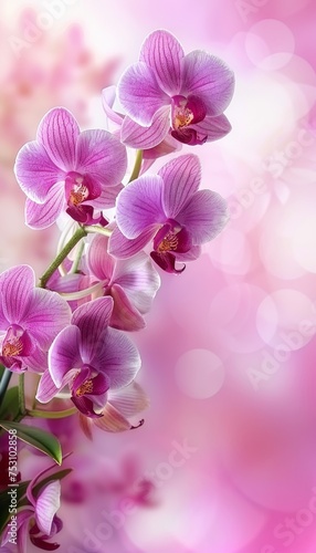 Exquisite orchid bouquet with radiant blossoms on blurred background and space for text placement