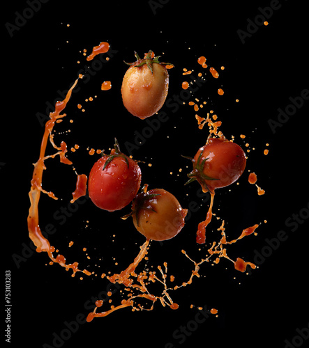 Tomatoes in red juice splash isolated on a black background
