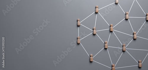 Connecting people, partnership, social media networks concept on gray background using wood block people ,connect concept,Teamwork, network and community abstract.