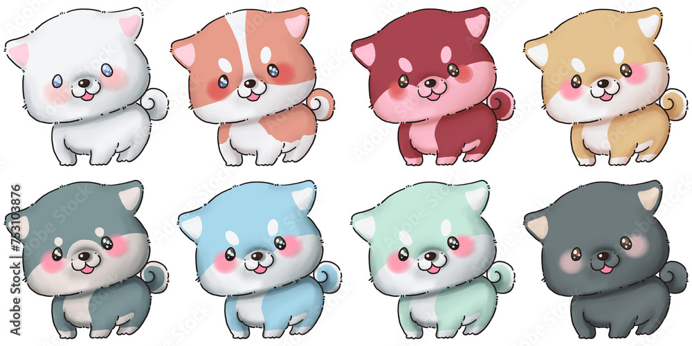 Fototapeta premium Design a collection of adorable cartoon drawings of dogs to symbolize the Year of the Dog celebration: Yellow, Red, Blue-Tan, Blue, Pastel Green, Black, White and Red brown