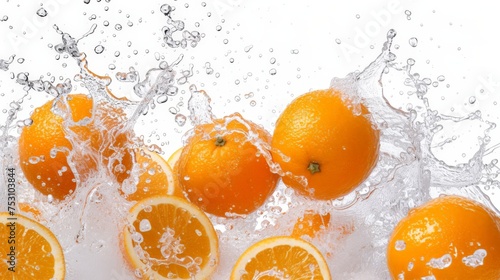 Delicious and juicy oranges fruit flying over, with many squirts of fresh water on white background.