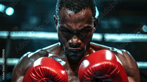 A boxer, standing alone in the ring with his fists clenched, a look of determination on his face, ready to face his opponent in the upcoming match. © Shaheen