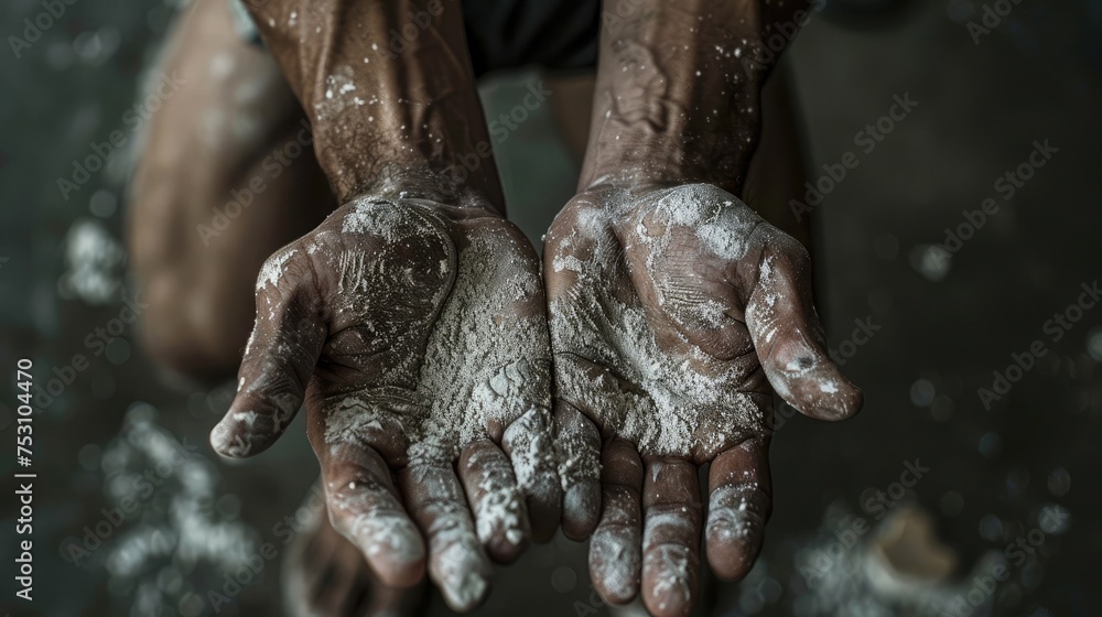 A close-up of a bodybuilder's hands as they chalk up before lifting weights, showing the determination and focus in their eyes.