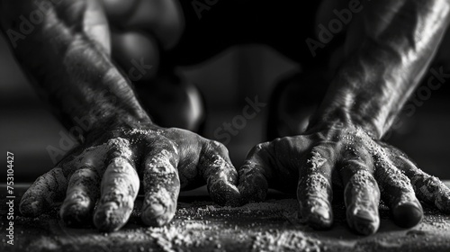 A close-up of a bodybuilder's hands as they chalk up before lifting weights, showing the determination and focus in their eyes. photo