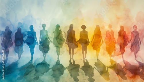 multicolor silhouette of women standing in a row,