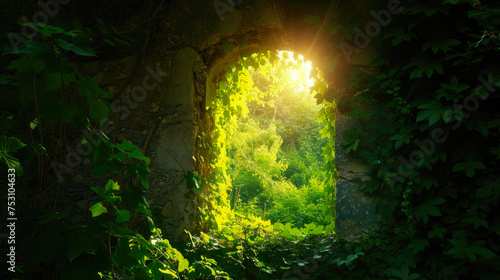 Tranquil Castle Interior: A Tapestry of Leaves and Light © Andrii 
