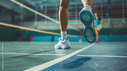 A close-up of a player's footwork during a match, highlighting the agility and quickness required in badminton.