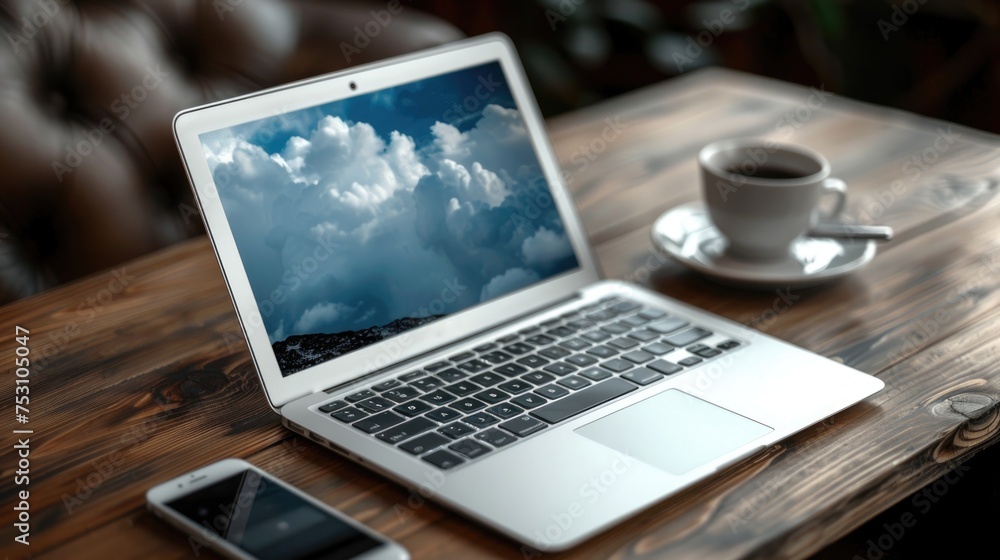 a laptop and cup of coffee on a desk, outdoor office with laptop and coffee up on desk at Financial District. a laptop and cup of coffee on a desk, outdoor office with laptop and coffee up on desk at Financial District.