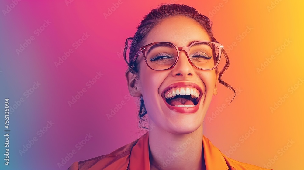 Utilizing hyper-realistic techniques, portray a business person exuding confidence and joy with a radiant smile against a colorful backdrop, real photo