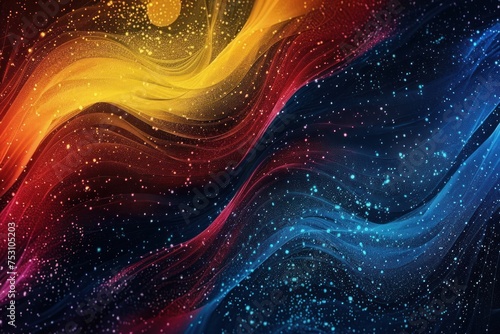 Grainy gradient background blue yellow red abstract glowing color wave black backdrop vibrant dark noise texture design