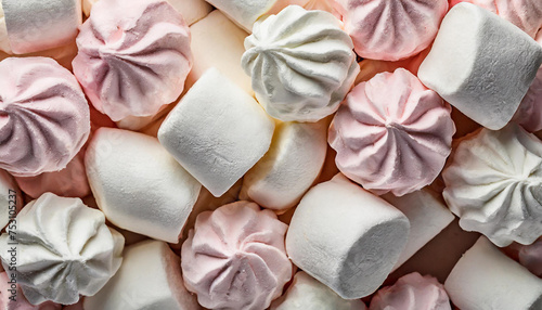 White and pink marshmallows background. Tasty food.