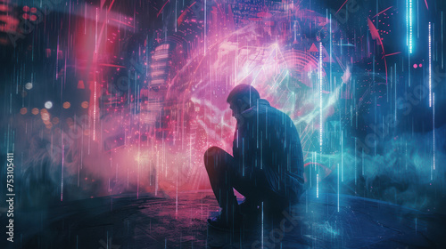 silhouette of a man sitting in the road with futuristic neon overlay, capturing anxiety and depression concept. Generative AI