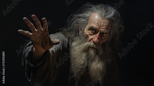 a dirty old man with long white hair and beard in the black shadow background with his hand wanting to reach. Generatvie AI	
 photo