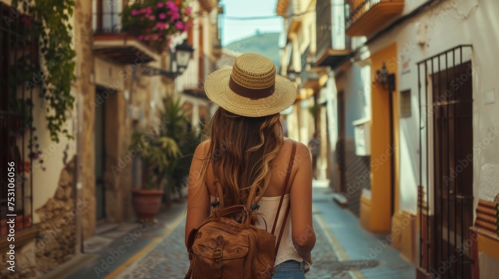 beautiful woman with her back turned in a beautiful little town with a backpack and a day hat in high resolution and high quality. travel, tourism concept