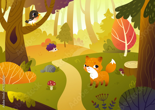 Cartoon autumn forest with cute animals. Cute vector fall woodland landscape with little fox.