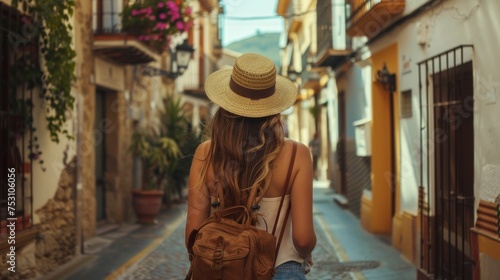 beautiful woman with her back turned in a beautiful little town with a backpack and a day hat in high resolution and high quality. travel, tourism concept © Marco