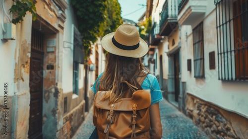 beautiful woman with her back turned in a beautiful little town with a backpack and a day hat in high resolution and high quality. travel concept, tourism, backpackers, vacation, rest