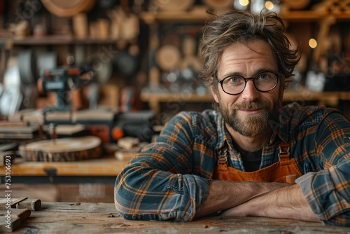 Friendly middle-aged craftsman posing in his woodworking workshop filled with tools and wood photo